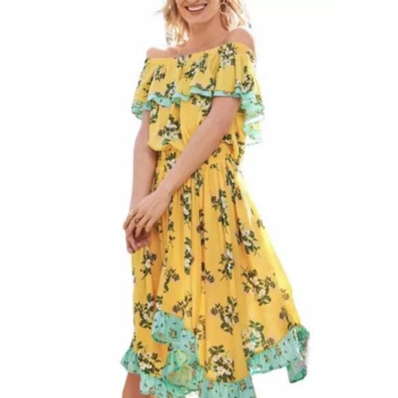 Matilda Jane Hooked On a Feeling Yellow Floral Off Shoulder Dress Medium - Picture 1 of 10